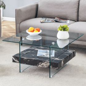31.4 Inch Modern Two Tier Square Coffee Table - An Elegant Combination Of Clear Glass And Black Marble Pattern Sticker.It Can Be Used As A Coffee (Color: Black)