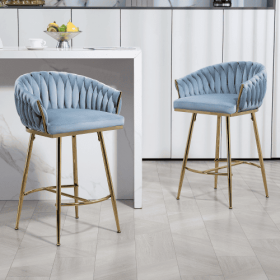 26 Counter Height Bar Stools Velvet Kitchen Island Counter Bar Stool With Hand- Wave Back,golden Chromed Base And Footrest (Color: Blue)