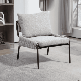 Modern Accent Lounge Chair With Braided Upholstery And Metal Frame, Comfortable Armchair For Living Room Or Bedroom, Soft Cushioned Seat And Back (Color: Grey)