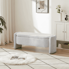 Ottoman Oval Storage Bench 3D Lamb Fleece Fabric Bench With Large Storage Space For The Living Room, Entryway And Bedroom (Option: Gray)