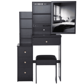 29.2 Small Space Left Bedside Cabinet Vanity Table   Cushioned Stool, Extra Large Right Sliding Mirror  Multi Layer High Capacity Storage, Practi (Color: Black)