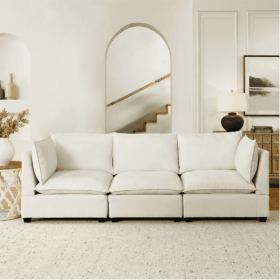 Modern Chenille Comfy Upholstered 3-Seat Sofa With 2 Lumbar Pillow, Deep Seat Sofa Sleeper For Living Room, Apartment, Office, Studio  Beige Whit (Color: Beige)