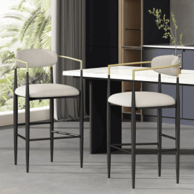 Barstools Set Of 2, Counter Height Upholstered Bar Stools With Back For Kitchen Island, Beige Faux PU Leather Seating Black Iron Legs 260LBS Weig (Color: Beige)