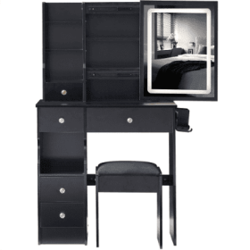 29.2 Small Size Left Drawer Desktop Vanity Table  Cushioned Stool, 2 AC2 USB Power Station, Hair Dryer Bracket, Extra Large Touch Control Sliding (Color: Black)