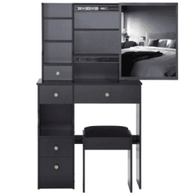 29.2 Small Space Left Drawer Desktop Vanity Table  Cushioned Stool, Extra Large Right Sliding Mirror, Multi Layer High Capacity Storage, Practica (Color: Black)