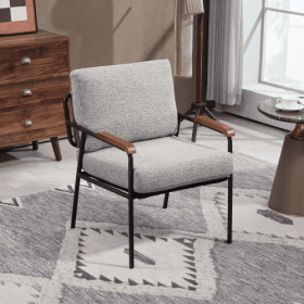 Modern Accent Chair With Natural Wood Armrests And Black Metal Frame, Light Beige Upholstered Seat And Backrest, Comfortable Lounge Chair For Bed (Color: Grey)