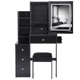 29.2 Small Size Left Bedside Cabinet Vanity Table   Cushioned Stool, 2 AC  2 USB Power Station, Hair Dryer Bracket  Extra Large Touch Control Sli (Color: Black)