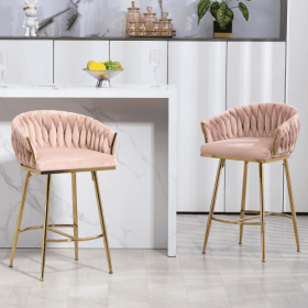 26 Counter Height Bar Stools Velvet Kitchen Island Counter Bar Stool With Hand- Wave Back,golden Chromed Base And Footrest (Color: Pink)