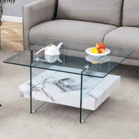 31.4 Inch Modern Two Tier Square Coffee Table - An Elegant Combination Of Clear Glass And Black Marble Pattern Sticker.It Can Be Used As A Coffee (Color: White)