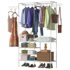 Metal Garment Rack Shoe Clothing Organizer Shelves Freestanding Multifunctional Clothes Wardrobe (Option: White)