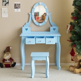 FCH Kids Vanity Set with Mirror and Lights and Stool, 5 Storage Drawers (Color: as picture)