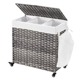 Handwoven 3-Bag Laundry Basket Cart with Cotton Liner on Wheels (Color: Grey, Option: Pp Rattan)